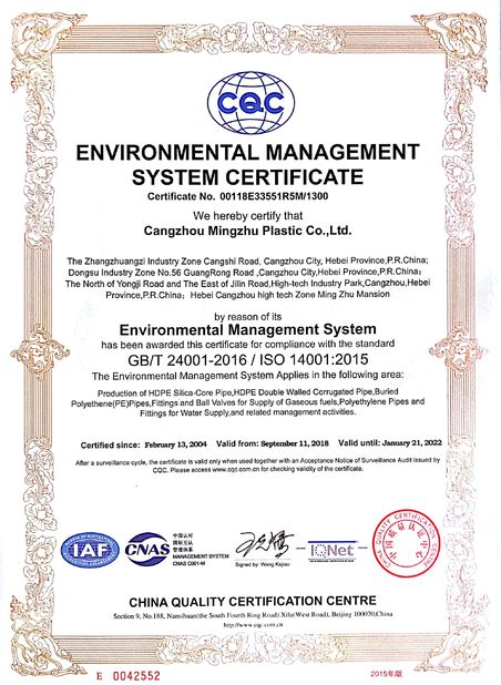 China Cangzhou Mingzhu Plastic Co., Ltd. Certification